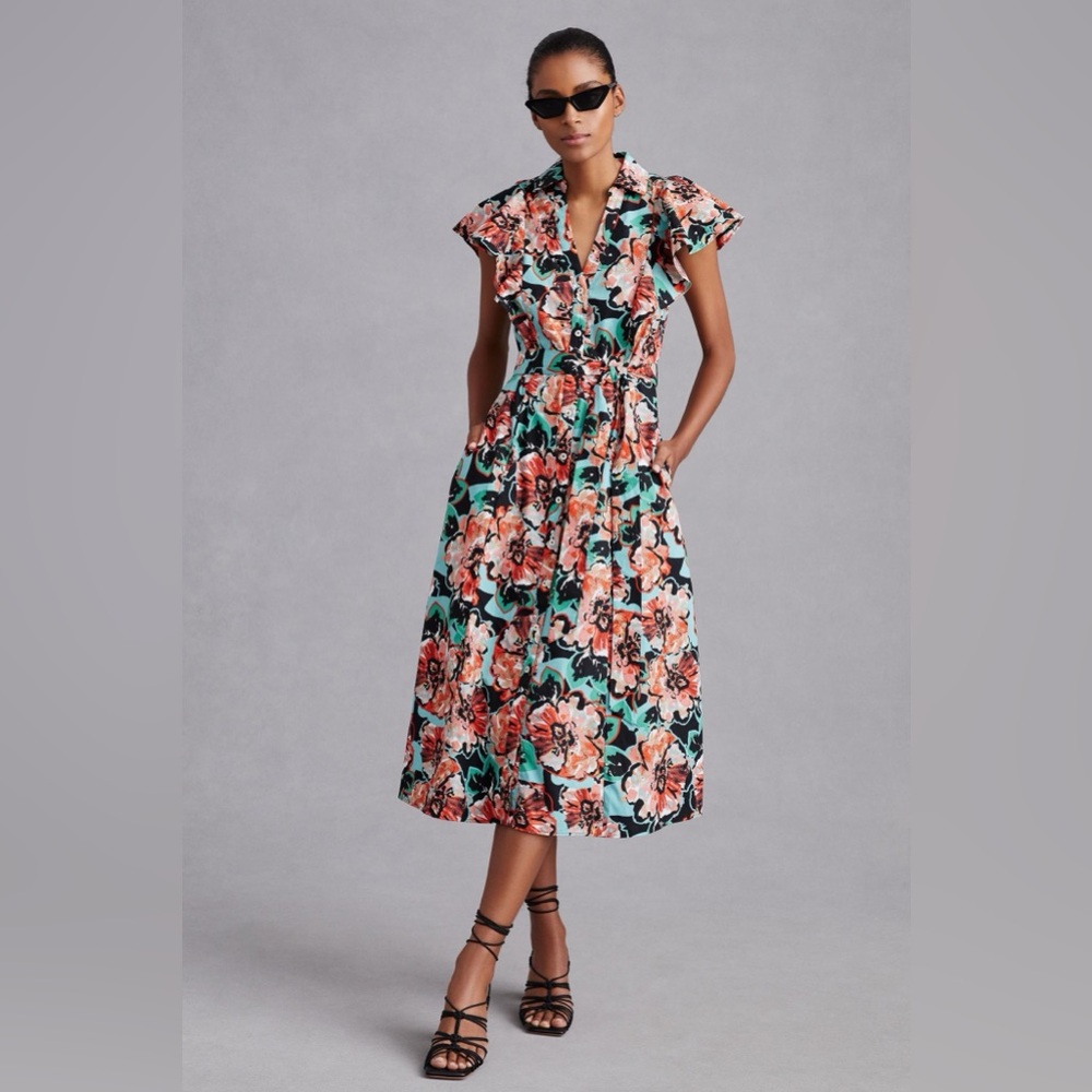 Maeve Flutter-Sleeve Midi Shirt Dress, Size XS